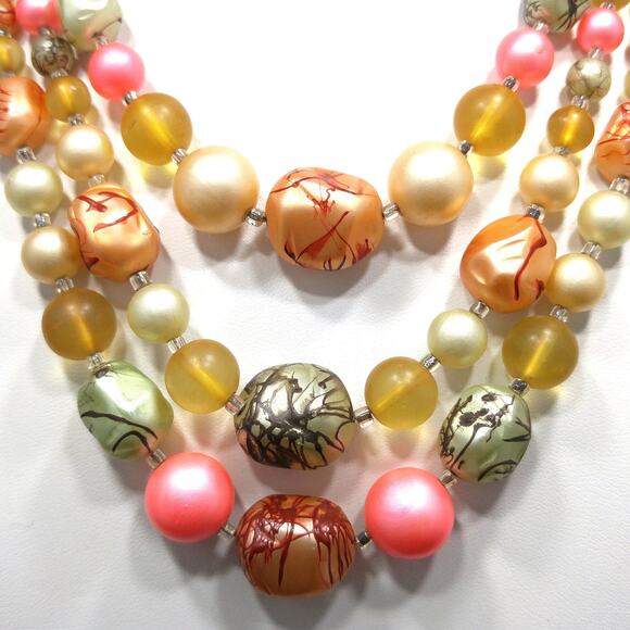 Vintage Japan Art Bead Necklace, Three Strands, 1950s, 17" - Picture 3 of 10